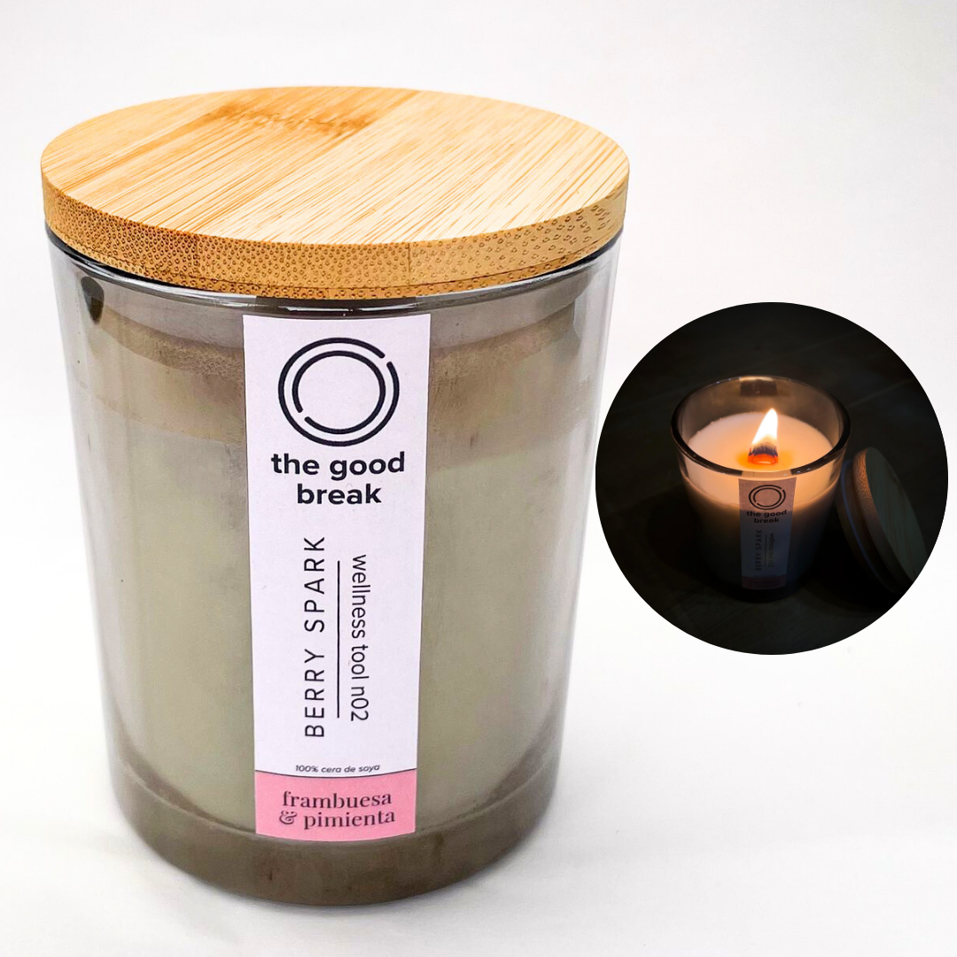 Frambuesa y Pimienta Blanca l Vela Aromática de Soya l Mecha de Madera